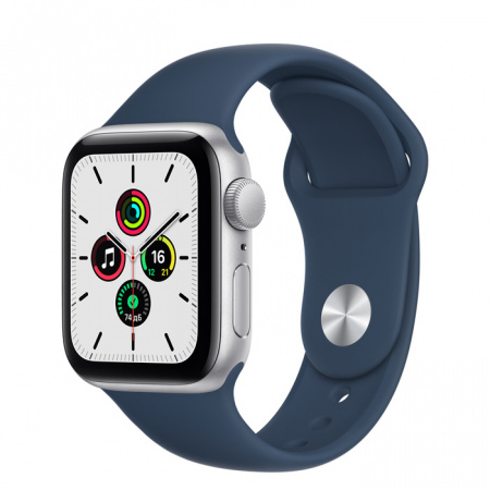 Apple Watch SE (2021), 40 mm, Корпус из алюминия серебристого цвета, спортивный ремешок синего цвета «синий омут»