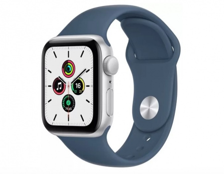 Apple Watch SE (2021), 44 мм, корпус из алюминия серебристого цвета, спортивный ремешок цвета «синий омут»