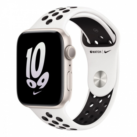 Apple Watch Nike SE 2022 44 мм корпус из алюминия цвета "сияющая звезда" спортивный ремешок Nike цвета «белый/черный»