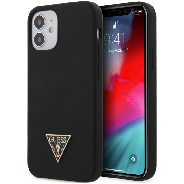 Чехол CG Mobile Guess Liquid Silicone Triangle metal logo Hard для iPhone 12 mini, цвет Черный (GUHCP12SLSTMBK)