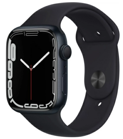 Apple Watch Series 7, 45 mm, Корпус из алюминия цвета «тёмная ночь», спортивный ремешок чёрного цвета