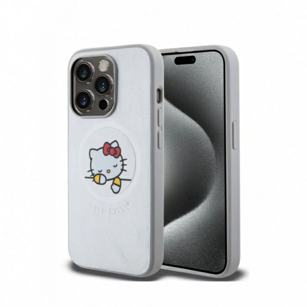 Чехол Hello Kitty PU Leather Kitty Asleep Hard (MagSafe) для iPhone 15 Pro, цвет Серебристый