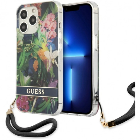 Чехол CG Mobile Guess PC/TPU Flower pattern Hard + Hand cord для iPhone 13 Pro, цвет Синий (GUHCP13LHFLSB)