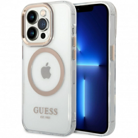 Чехол CG Mobile Guess PC/TPU Metal outline Hard (MagSafe) для iPhone 14 Pro Max, цвет Прозрачный/Золотой (GUHMP14XHTRMD)