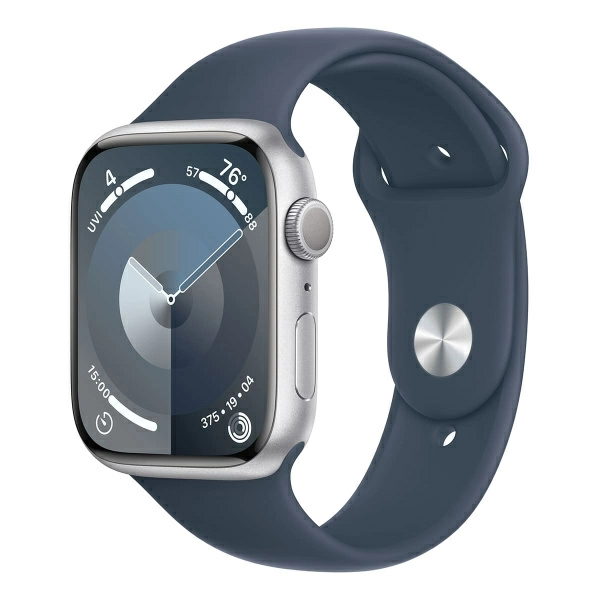 Apple Watch Series 9, 45 мм корпус из алюминия цвета «Silver», спортивный ремешок «Storm Blue»