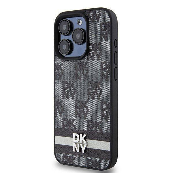Чехол DKNY PU Checkered Printed stripes Metal logo Hard Black для iPhone 15 Pro, чёрный