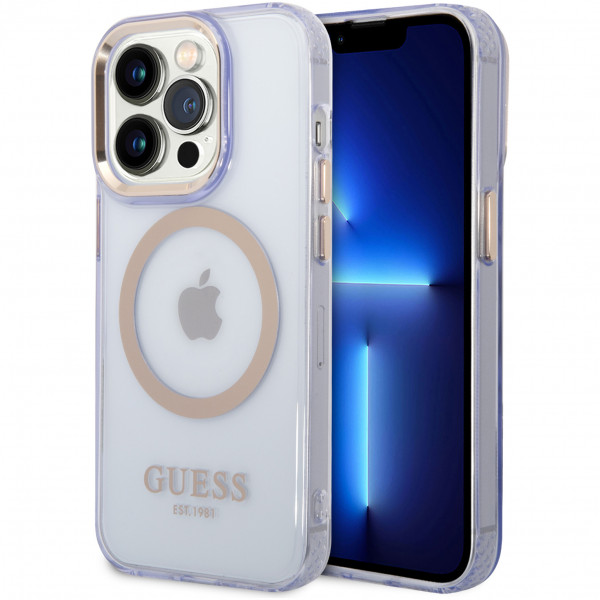 Чехол CG Mobile Guess PC/TPU Metal outline Hard Translucent (MagSafe) для iPhone 14 Pro Max, цвет Сиреневый/Золотой (GUHMP14XHTCMU)