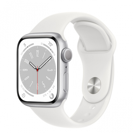 Apple Watch S8, 41 mm, корпус из алюминия серебристого цвета, спортивный ремешок белого цвета