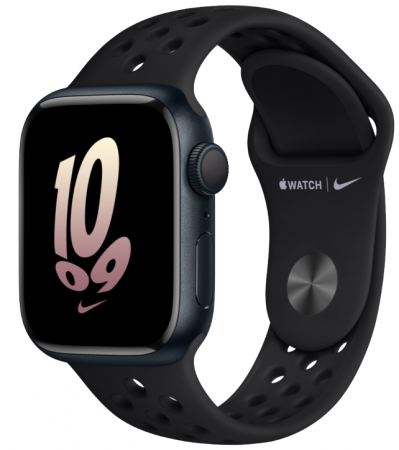 Apple Watch s8, 45 мм, корпус из алюминия цвета «темная ночь», спортивный ремешок Nike цвета «антрацитовый/чёрный»