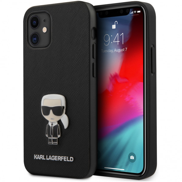 Чехол CG Mobile Karl Lagerfeld PU Saffiano Ikonik Karl (metal) Hard для iPhone 12 mini, цвет Черный (KLHCP12SIKMSBK)