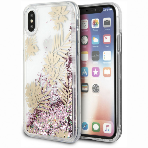 Чехол CG Mobile Guess Glitter Palm spring Hard для iPhone X/XS, цвет Розовый золотой (GUHCPXGLUPPI)