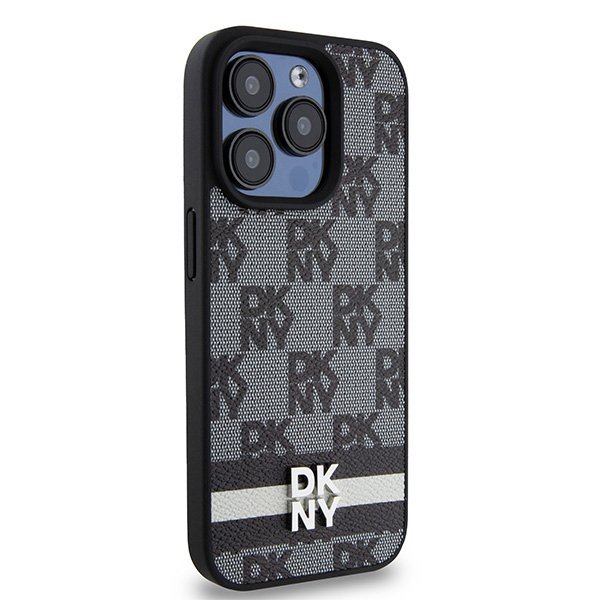 Чехол DKNY PU Checkered Printed stripes Metal logo Hard Black для iPhone 15 Pro, чёрный