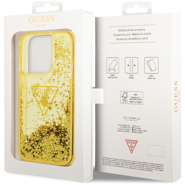 Чехол CG Mobile Guess Liquid Glitter Triangle logo Translucent Hard для iPhone 14 Pro, цвет Желтый