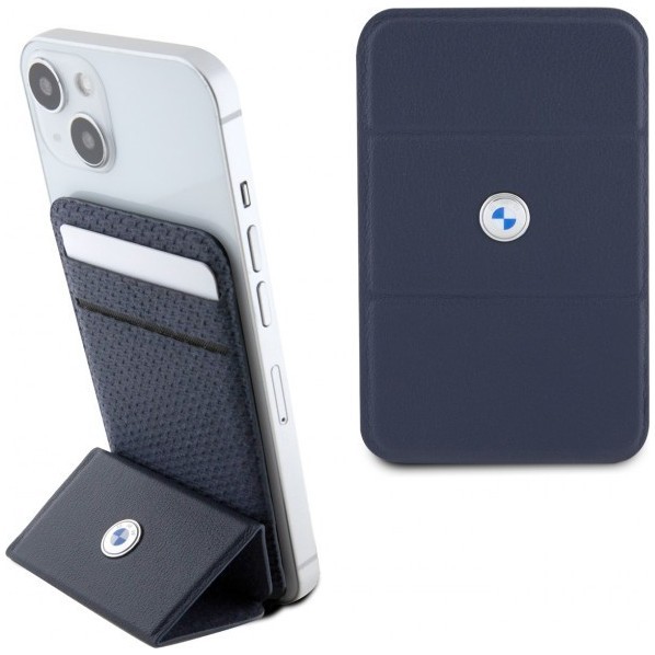 Магнитный картхолдер BMW Wallet MagSafe Cardslot Stand Signature Leather with metal logo, цвет Темно-синий (BMWCSMRSV)