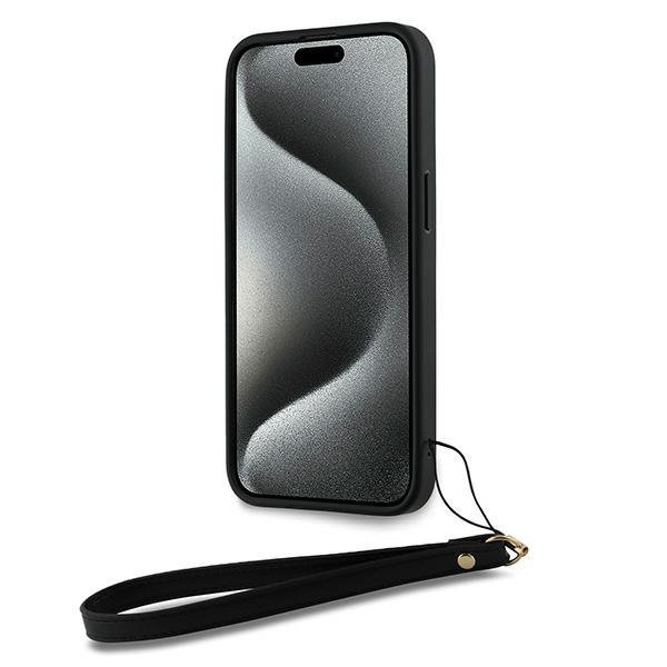 Чехол DKNY PU Stack metal logo Hard + Hand strap Black для iPhone 15 Pro, чёрный