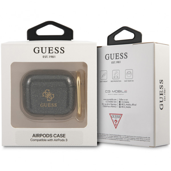 Чехол с карабином CG Mobile Guess TPU Transparent Glitter 4G для AirPods 3, цвет Черный (GUA3UCG4GK)