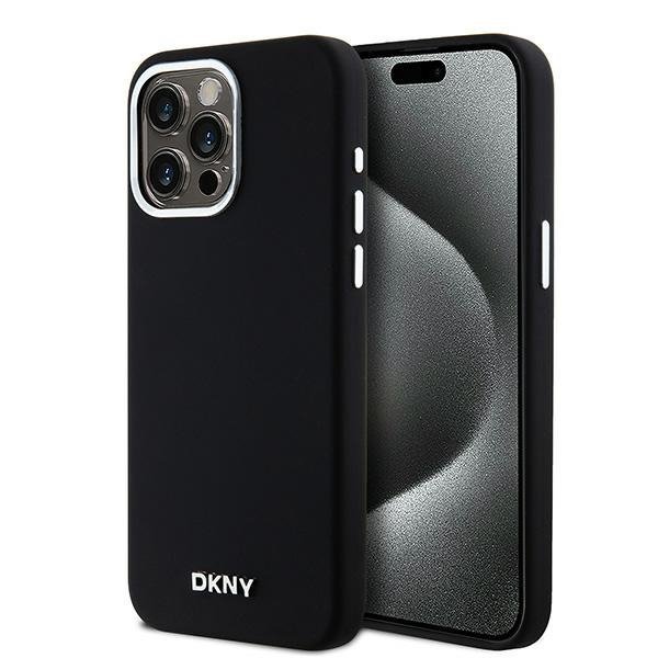 Чехол DKNY Liquid Silicone Metal logo and Camera frame Hard Black (MagSafe) для iPhone 15 Pro Max, чёрный