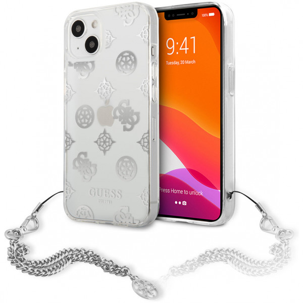 Чехол CG Mobile Guess PC/TPU Peony Hard + Siver hand chain для iPhone 13, цвет Прозрачный/Серебристая цепь (GUHCP13MKSPESI)