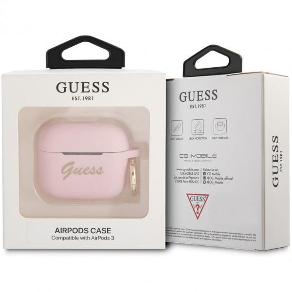 Чехол с карабином CG Mobile Guess Silicone with ring Script logo для AirPods 3, цвет Светло-розовый (GUA3SSSI)