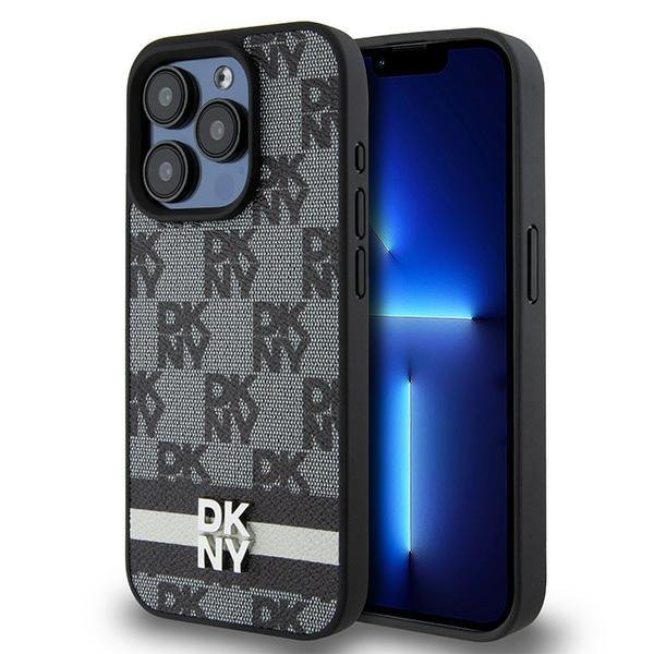 Чехол DKNY PU Checkered Printed stripes Metal logo Hard Black для iPhone 15 Pro Max, чёрный