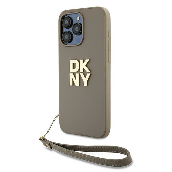 Чехол DKNY PU Stack metal logo Hard + Hand strap Beige для iPhone 15 Pro Max, бежевый