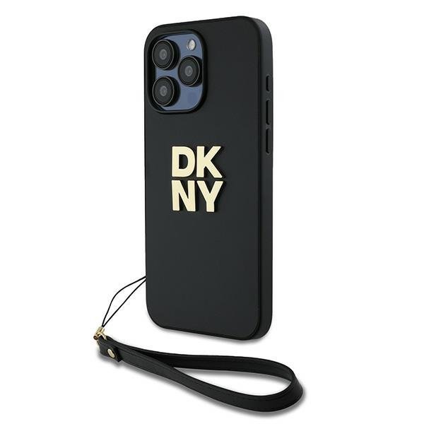 Чехол DKNY PU Stack metal logo Hard + Hand strap Black для iPhone 15 Pro, чёрный