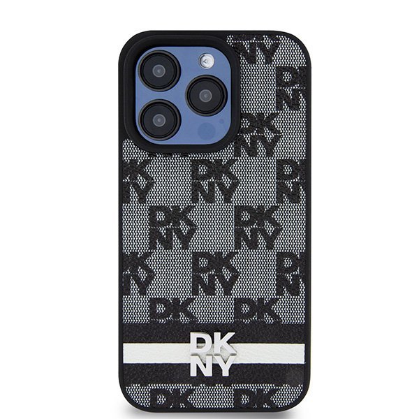 Чехол DKNY PU Checkered Printed stripes Metal logo Hard Black для iPhone 15 Pro, чёрный