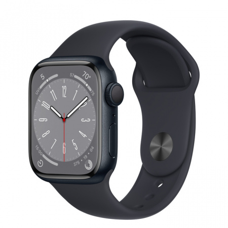 Apple Watch S8, 45 mm, корпус из алюминия цвета «тёмная ночь», спортивный ремешок «тёмная ночь»