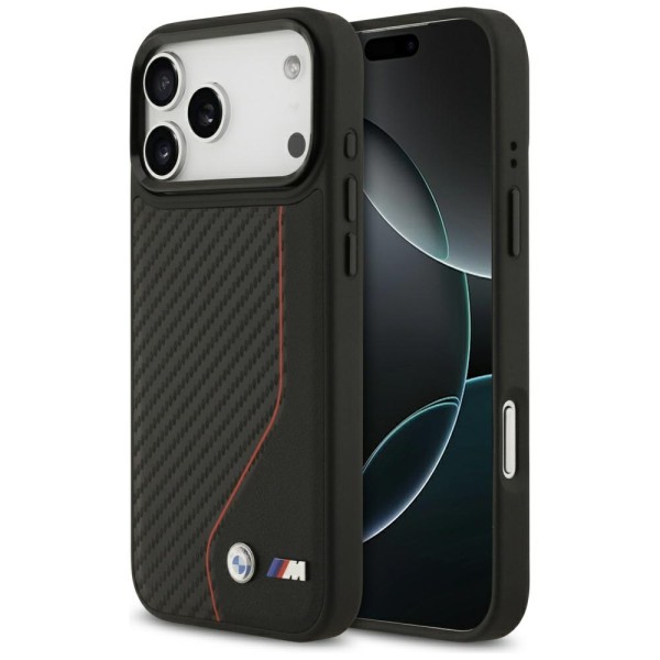 Чехол BMW M-series PU Carbon/Smooth Metal logo & Cam Hard Black/Red (MagSafe) для iPhone 17 Pro Max