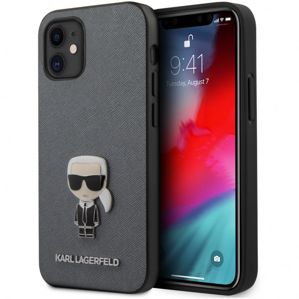 Чехол CG Mobile Karl Lagerfeld PU Saffiano Ikonik Karl (metal) Hard для iPhone 12 mini, цвет Серебристый (KLHCP12SIKMSSL)