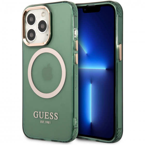 Чехол CG Mobile Guess PC/TPU Metal outline Hard (MagSafe) для iPhone 13 Pro Max, цвет Зеленый/Золотой (GUHMP13XHTCMA)