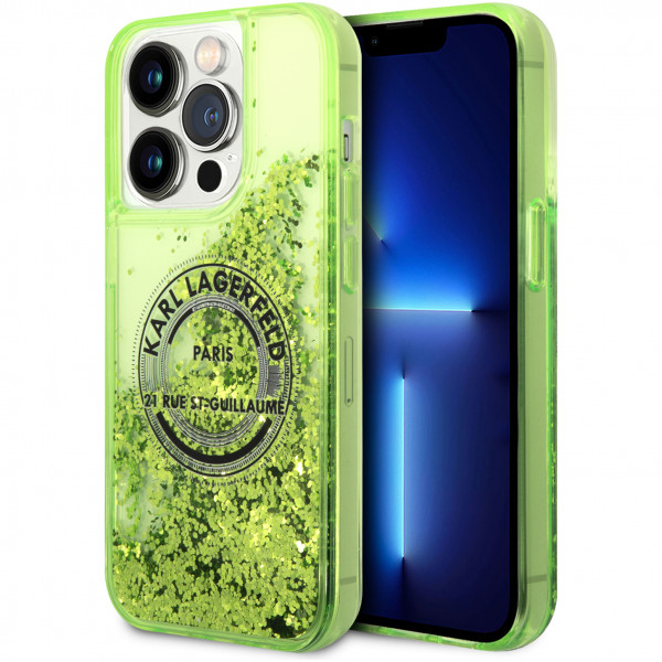 Чехол CG Mobile Karl Lagerfeld Liquid glitter RSG logo Hard для iPhone 14 Pro Max, цвет Зеленый (KLHCP14XLCRSGRN)