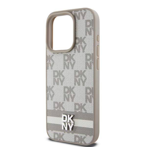 Чехол DKNY PU Checkered Printed stripes Metal logo Hard Beige для iPhone 15 Pro Max, бежевый