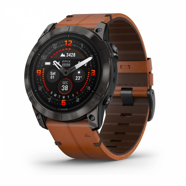 Смарт часы Garmin Epix Pro (Gen 2) Sapphire Edition 51 мм, титановый угольно-серый, DLC, коричневый кожаный ремешок