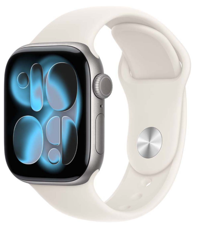 Apple Watch Series 11, 42 мм корпус из алюминия цвета «Space Gray», ремешок Sport Band цвета «Starlight»