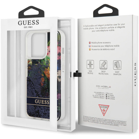 Чехол CG Mobile Guess Liquid Glitter Hard Flower Pattern для iPhone 14 Pro, цвет Синий (GUHCP14LLFLSB)