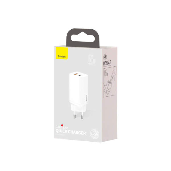 Сетевое зарядное устройство Baseus GaN2 Lite Quick Charger [USB + Type-C] 65W, White (CCGAN2L-B02) Белый