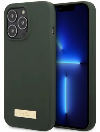 Чехол CG Mobile Guess Liquid silicone Plate metal logo Hard (MagSafe) для iPhone 13 Pro Max, цвет Зеленый (GUHMP13XSPLA)