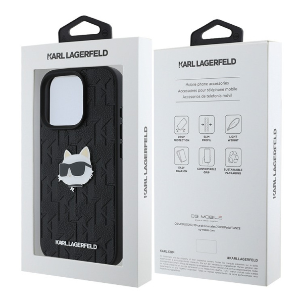 Чехол Karl Lagerfeld PU Grained Monogram NFT Choupette metal Head Hard Black для iPhone 16 Pro Max чехол, черный