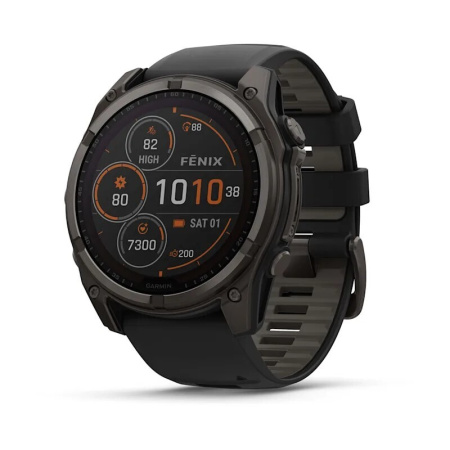 Смарт часы Garmin Fenix 8, 51 мм, Solar, Sapphire Carbon Gray DLC Titanium with Black/Pebble Gray Silicone