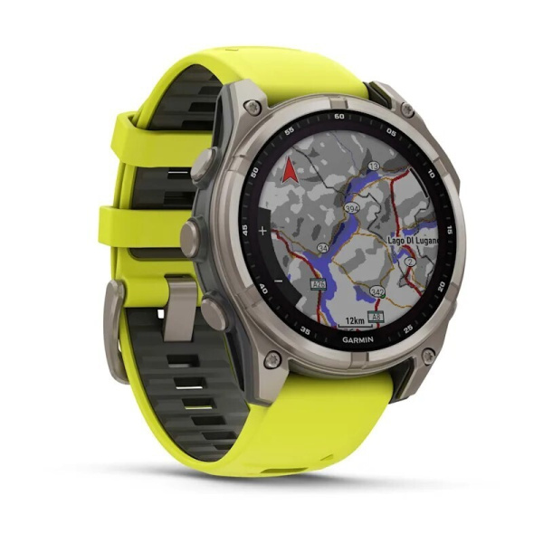 Смарт часы Garmin Fenix 8, 47 мм, Solar, Sapphire Titanium with AMP yellow/graphite silicone band