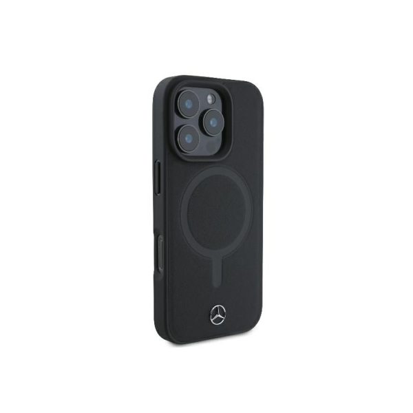 Чехол Mercedes Leather Plain Smooth with Ring Metal logo Hard Black (MagSafe) для iPhone 16 Pro, черный
