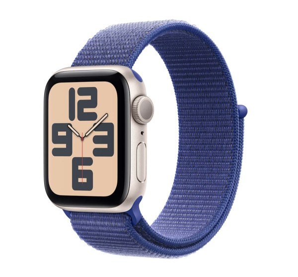 Apple Watch SE (2024), 40 мм корпус из алюминия цвета «Starlight», ремешок Sport Loop цвета «Ultramarine»