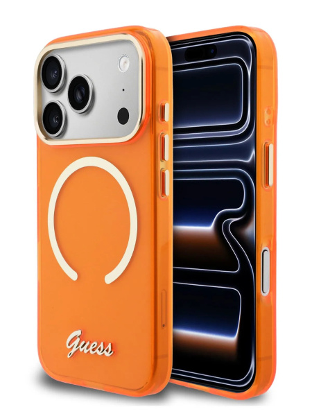 Чехол Guess IML Script Metal logo and Camera Hard Orange (MagSafe) для iPhone 17 Pro Max