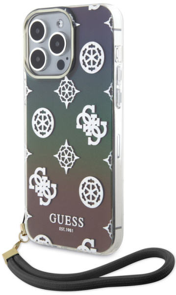 Чехол Guess для iPhone 15 Pro чехол PC/TPU Peony glitter + Nylon Hand cord Hard Iridescent Black