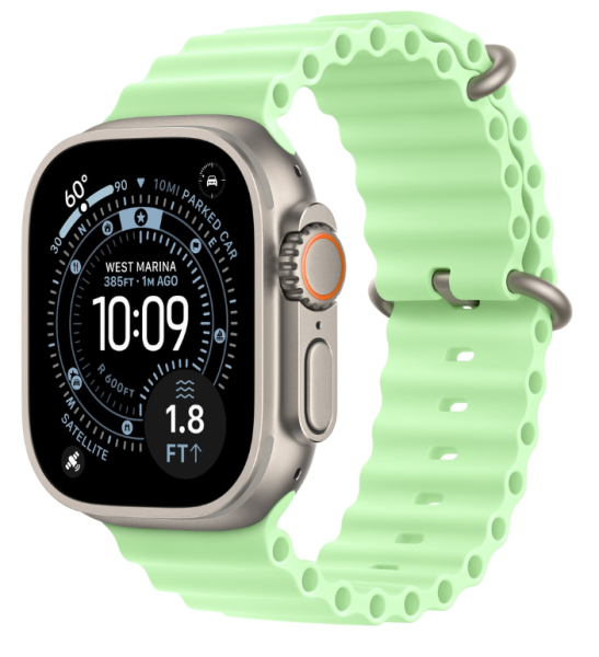 Apple Watch Ultra 3 (2025), 49 мм корпус из титана цвета «Natural», ремешок Ocean Band цвета «Neon Green»