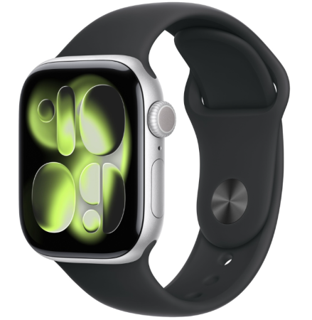 Apple Watch Series 11, 46 мм корпус из алюминия цвета «Silver», ремешок Sport Band цвета «Black»