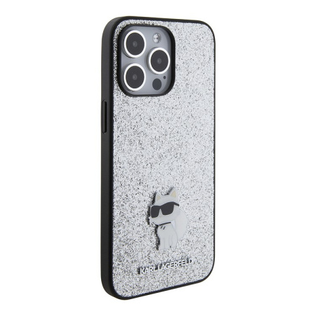 Чехол Karl Lagerfeld Fixed glitters NFT Choupette Metal pin Hard для iPhone 15 Pro Max, Silver