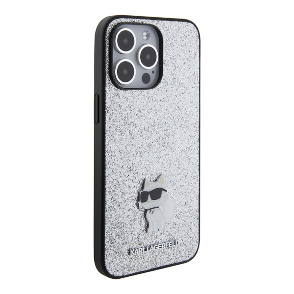Чехол Karl Lagerfeld Fixed glitters NFT Choupette Metal pin Hard для iPhone 15 Pro Max, Silver