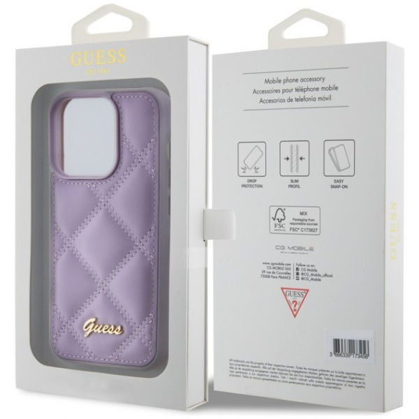 Чехол Guess PU Quilted with Script metal logo Hard для iPhone 15 Pro, цвет Фиолетовый